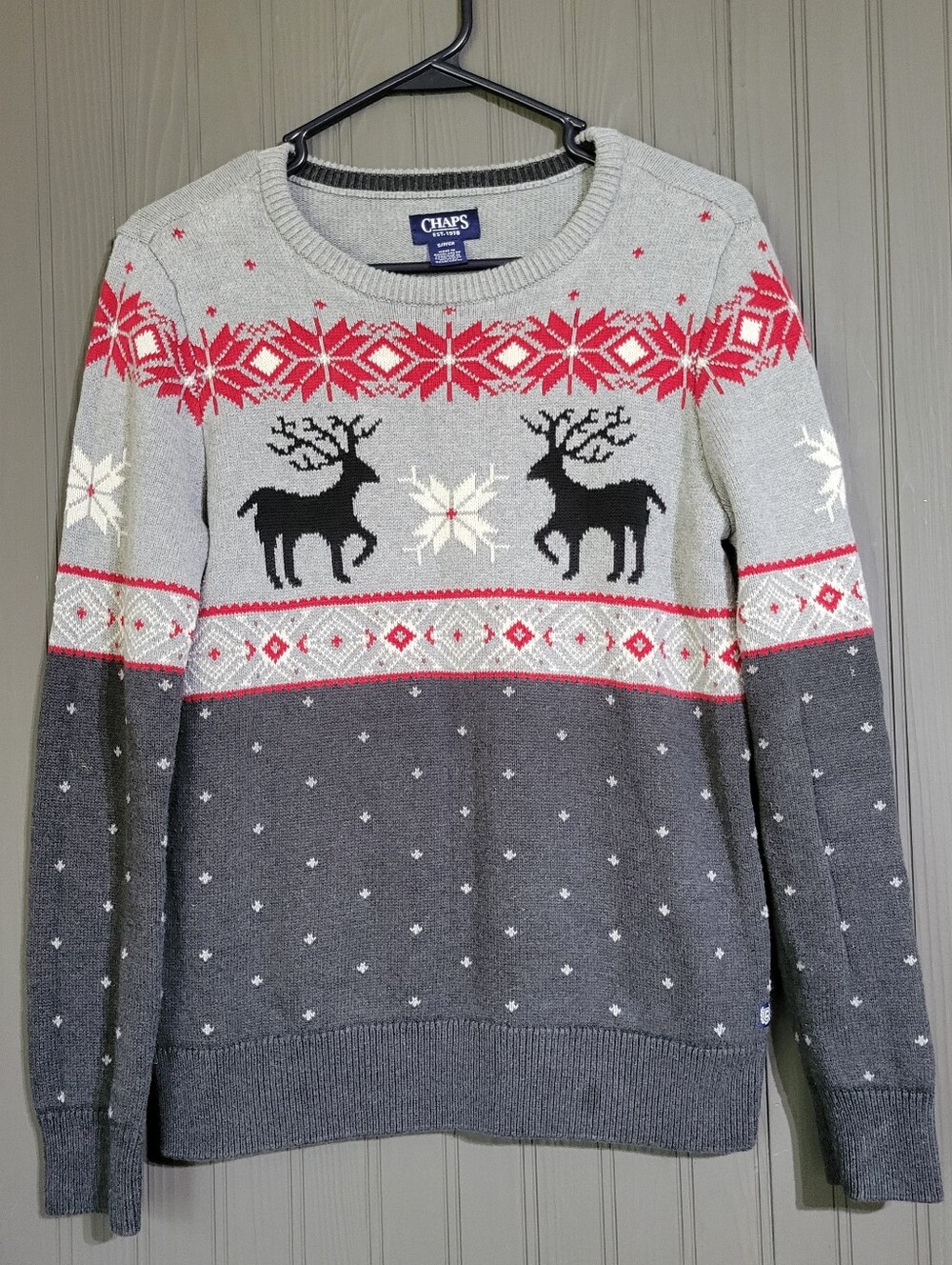 Chaps Holiday Christmas Knit Sweater Reindeer Snowflake Gray Women's Small